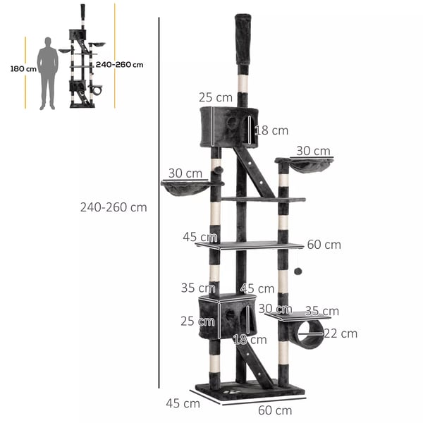 kradsetræ til katte 240-260 cm loftshøjt, stort kradsetræ, klatretræ til katte, kradsetræ til store katte med sisalreb, mørkegrå