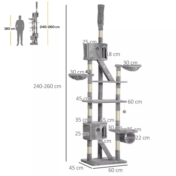PawHut Kradsetræ til Loft-til-Gulv til Katte - Lysegrå Spånplade/Plys - 60x45x240-260 cm