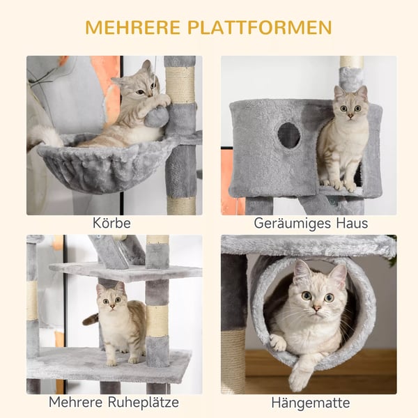 PawHut Kradsetræ til Loft-til-Gulv til Katte - Lysegrå Spånplade/Plys - 60x45x240-260 cm