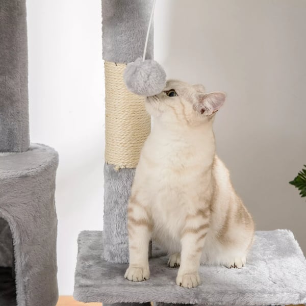 PawHut Kradsetræ til Loft-til-Gulv til Katte - Lysegrå Spånplade/Plys - 60x45x240-260 cm