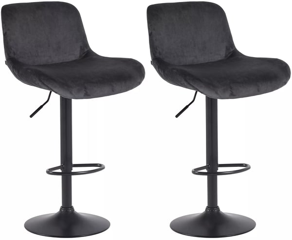 Solon Set med 2 svarta barstolar i sammet med matt svart metallram, justerbar höjd och snurrfunktion