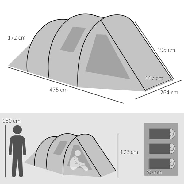 Outsunny tunneltelt til 4 personer, campingtelt, med UV-beskyttelse, vinduer, familietelt med bæretaske, 2000 mm vandsøjletryk, til trekking, grøn