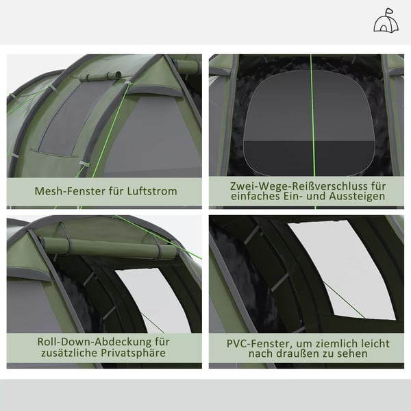 Outsunny tunneltelt til 4 personer, campingtelt, med UV-beskyttelse, vinduer, familietelt med bæretaske, 2000 mm vandsøjletryk, til trekking, grøn
