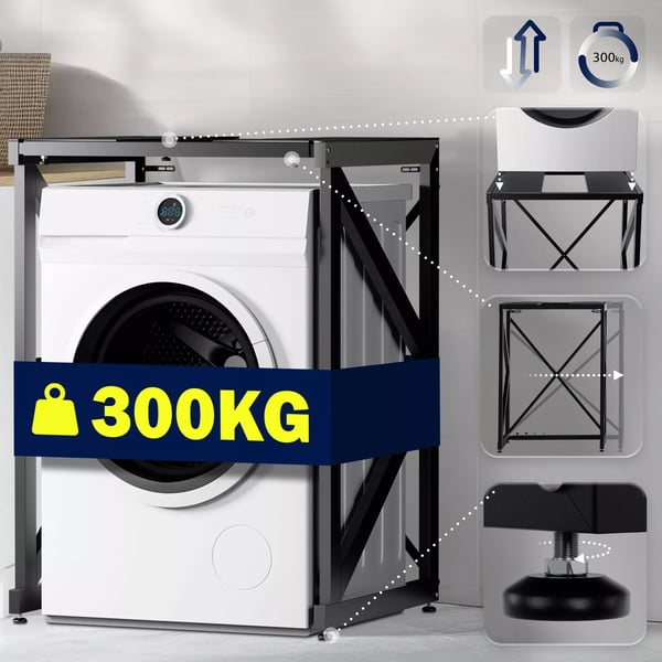 Caleb Metal Vaskemaskinehylde - Sort, Justerbar Bredde, 300 kg Kapacitet