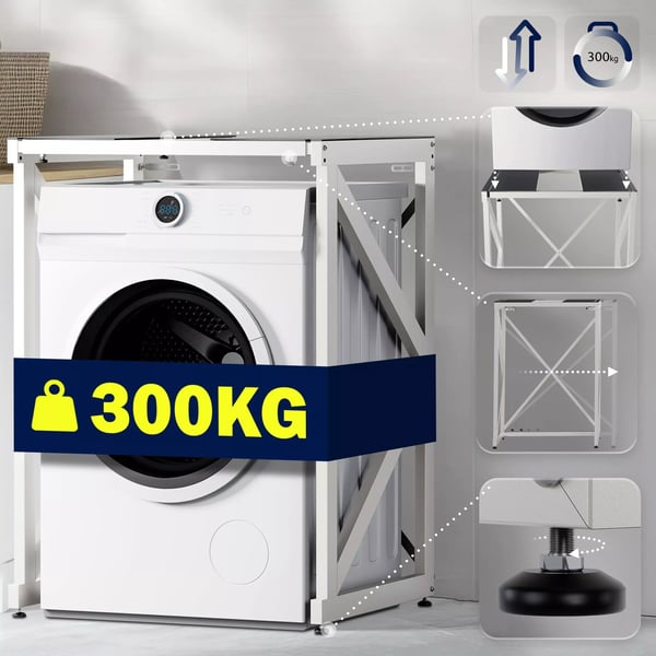 Caleb Hvid Metal Vaskemaskinehylde - Justerbar Bredde, 300 kg Bæreevne