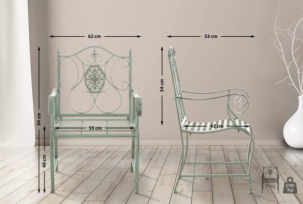 Punjab Havestol - Antik Grøn Metal Lænestol med Art Nouveau Udsmykning, Indendørs/Udendørs Brug, 200 kg Kapacitet