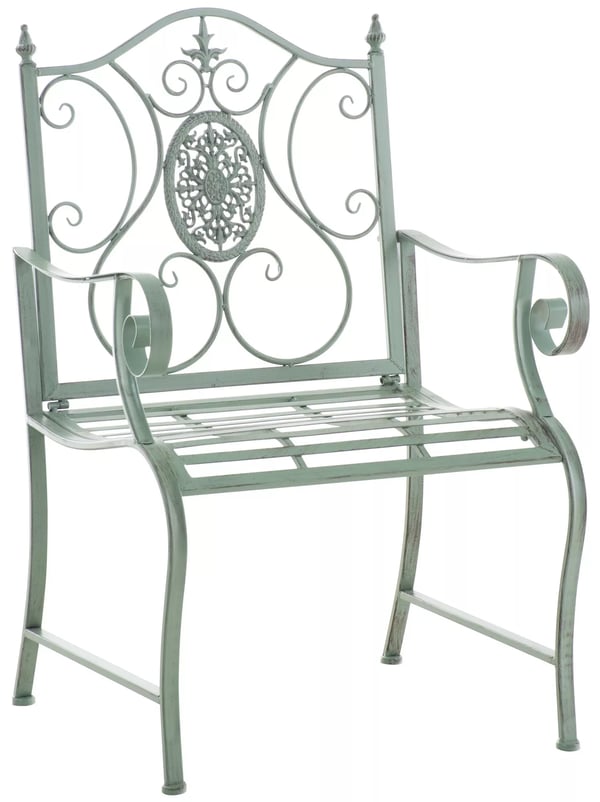 Punjab Havestol - Antik Grøn Metal Lænestol med Art Nouveau Udsmykning, Indendørs/Udendørs Brug, 200 kg Kapacitet
