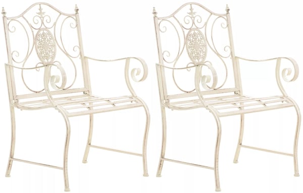 Sæt med 2 havestole i art nouveau-stil i metal, antik cremefinish