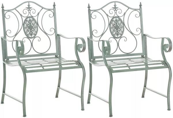 Sæt med 2 antikke grønne metal Art Nouveau havestole med patineret finish, 200 kg bæreevne, egnet til indendørs/udendørs brug