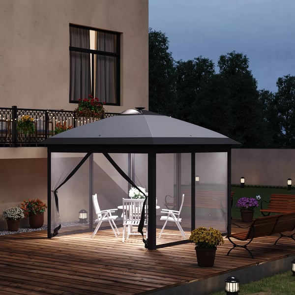 Outsunny Pavillon 3,3x3,3m foldepavillon LED USB Pop-Up mesh-sidevægge solbeskyttelse taske Oxford grå