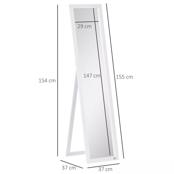 HOMCOM Helkropsspejl, 154 cm Hvidt Gulvspejl med Stander, Stel i Glas, Vægspejl til Soveværelse/Stue