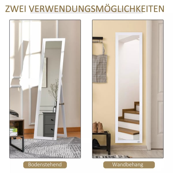 HOMCOM Helkropsspejl, 154 cm Hvidt Gulvspejl med Stander, Stel i Glas, Vægspejl til Soveværelse/Stue