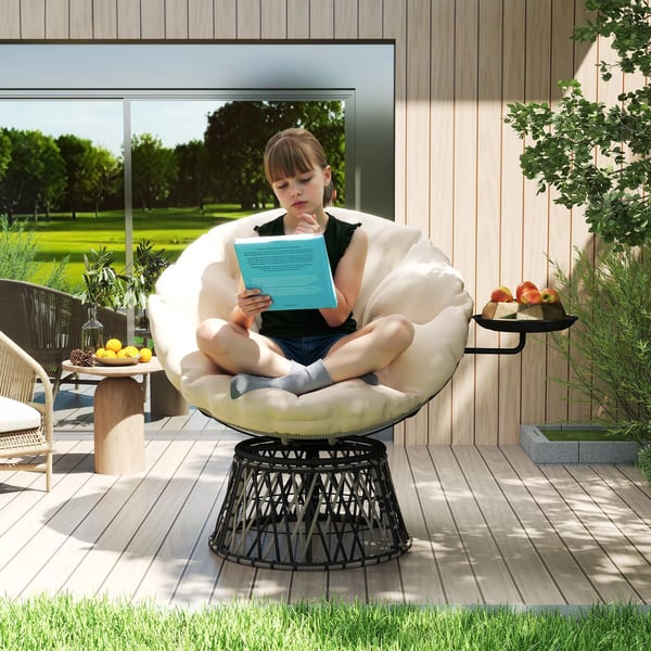 Outsunny Papasanstol i PE-Rattan, Beige, med 360° drejefod og pude til have og altan, Ø90 cm