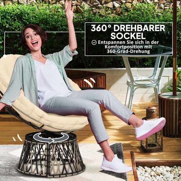 Outsunny Papasanstol i PE-Rattan, Beige, med 360° drejefod og pude til have og altan, Ø90 cm