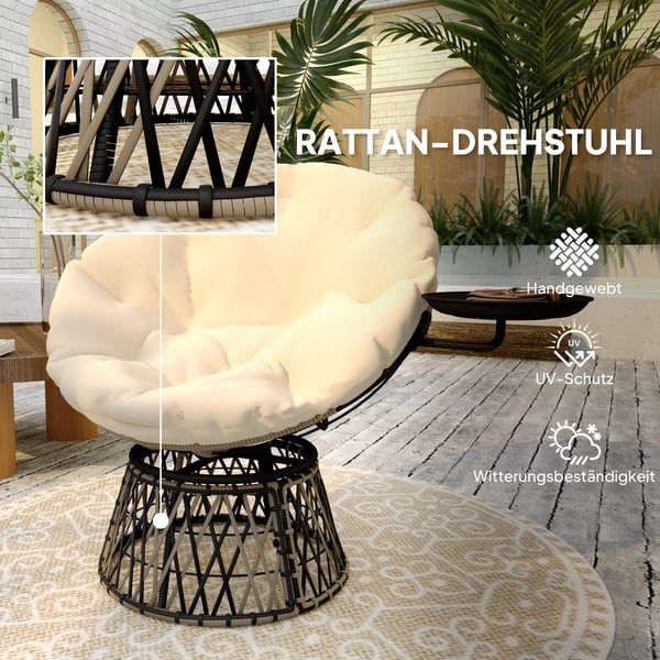 Outsunny Papasanstol i PE-Rattan, Beige, med 360° drejefod og pude til have og altan, Ø90 cm