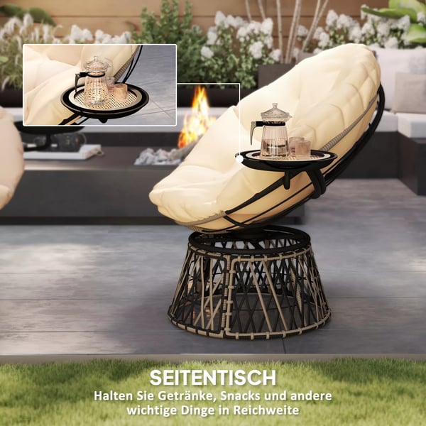 Outsunny Papasanstol i PE-Rattan, Beige, med 360° drejefod og pude til have og altan, Ø90 cm