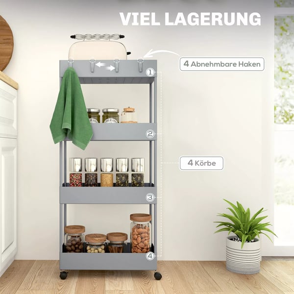 Rullekurv, 4-lags køkkenhylde i stål, opbevaringsvogn med hjul og bremser, grå, 40x19x90 cm