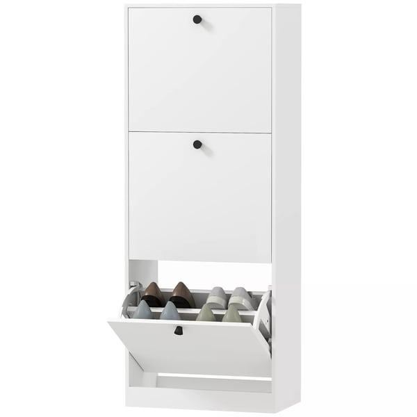 HOMCOM skoskåp med 3 klaffar, skohylla med justerbar avdelare, smal skokommod med tippfack för 12 par skor 47 x 26 x 120 cm, vit