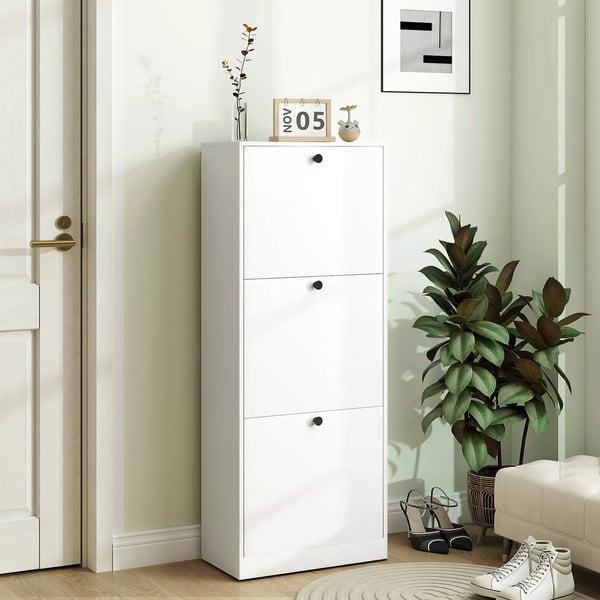 HOMCOM skoskab med 3 klapper, skoreol med justerbare skillevægge, smal skokommode, vipbart skoskab til 12 par sko, 47 x 26 x 120 cm, hvid