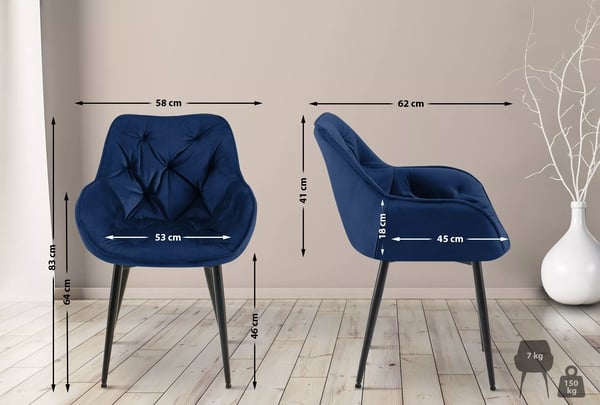 Sæt med 2 mørkeblå fløjlsspisebordsstole med matsorte metalben