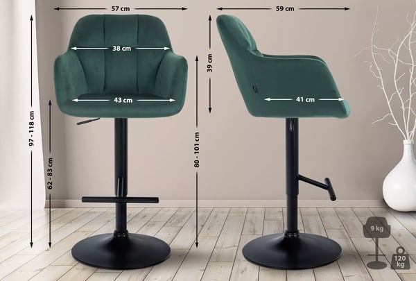 Natoma Grøn Fløjls Barstol med Justerbar Højde og Drejefunktion