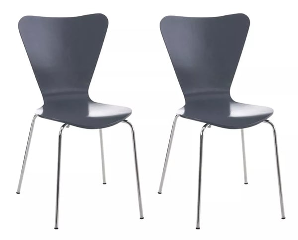 Set med 2 Calisto gäststolar - Grå trä sits med krom-look metallram, stapelbar