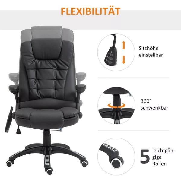 HOMCOM Kontorstol Drejestol Sort Kunstlæder med Massage & Varme - Ergonomisk og Højdejusterbar