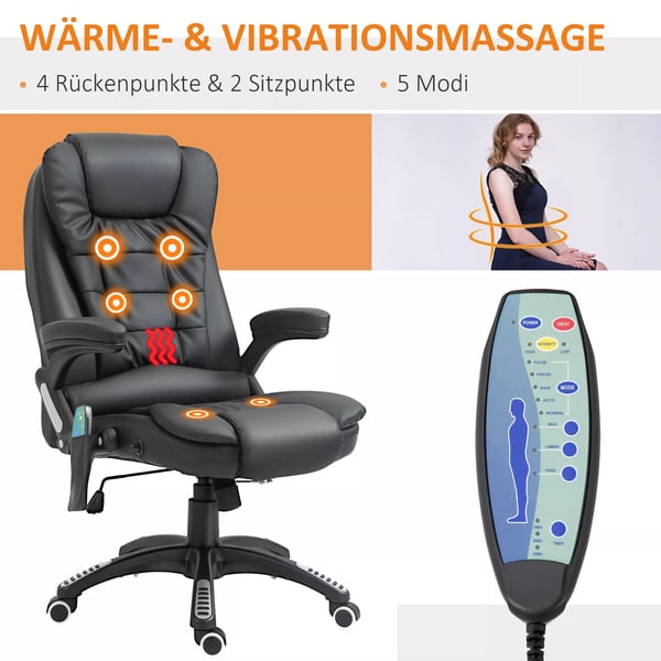 HOMCOM Kontorstol Drejestol Sort Kunstlæder med Massage & Varme - Ergonomisk og Højdejusterbar