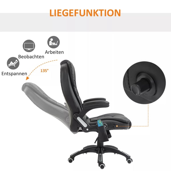 HOMCOM Kontorstol Drejestol Sort Kunstlæder med Massage & Varme - Ergonomisk og Højdejusterbar