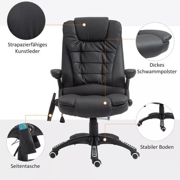 HOMCOM Kontorstol Drejestol Sort Kunstlæder med Massage & Varme - Ergonomisk og Højdejusterbar