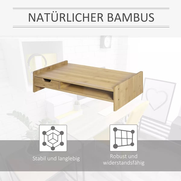 HOMCOM Bambu Pöytätaso Näytönjalusta Laatikoilla | Luonnonvärinen | L49xS25.5xK11.5cm
