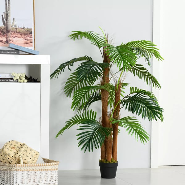 HOMCOM Kunstpalme 120 cm - Kunstig grøn plastik tropisk palme til indendørs og udendørs brug med cementpotte.