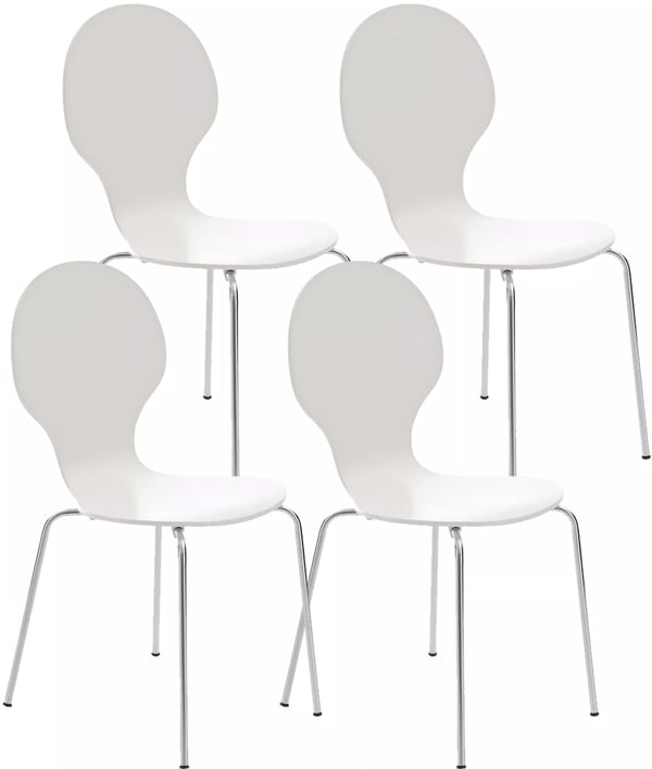 Set med 4 vita besöksstolar i trä med metallram i kromlook