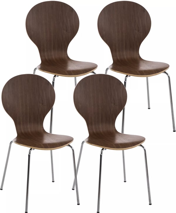 Set med 4 besöksstolar i valnötsträ med kromfärgad metallram, stapelbara