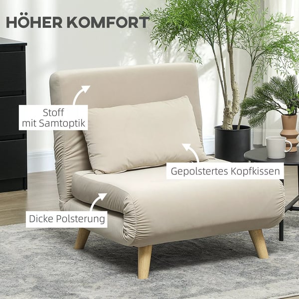 HOMCOM Sohvasänky, kokoontaitettava nojatuoli vuoteella, sametti-look, beige