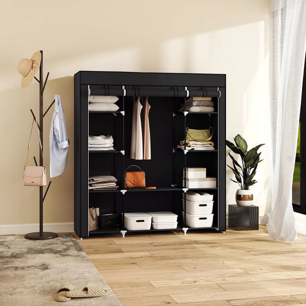 HOMCOM Klædeskab med lynlås, 1 bøjlestang, 10 hylder, 150x43x162,5cm, sort