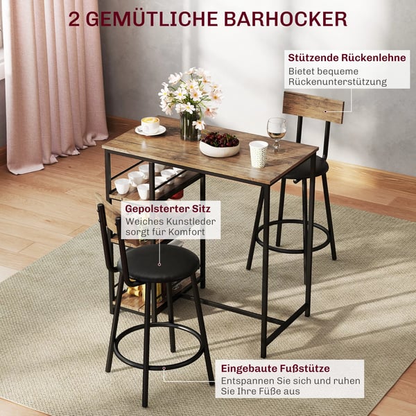 HOMCOM Barbordssæt med 2 Barstole - Eg og Stål, 3 hylder, moderne design