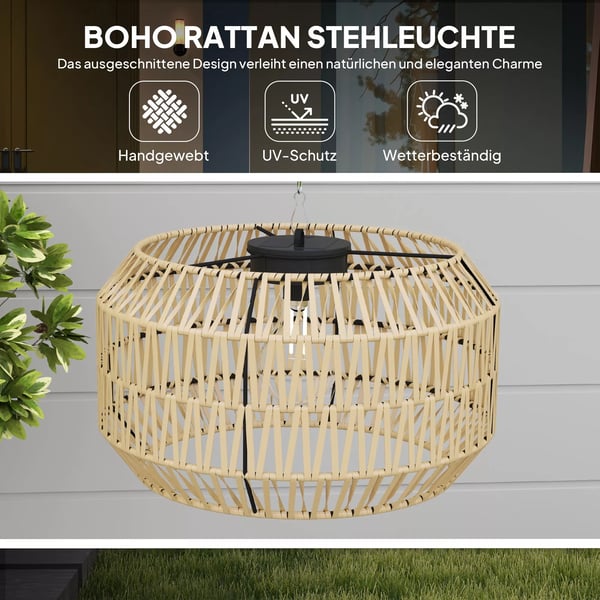 Outsunny Rattan Solcellelampe til haven - Gul PE-rattan, IP44, automatisk lyssensor