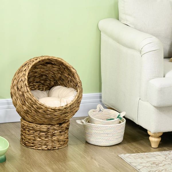 PawHut Katte Kurv i Vandhyacint - Brun - Behagelig seng med pude til katte, max 10kg, 42x33x52cm