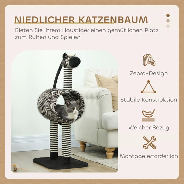 PawHut Kradsete Kattetre Zebra-design Klatretunnel Jutepele Sort+Hvid 93cm