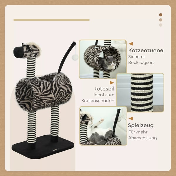 PawHut Kradsete Kattetre Zebra-design Klatretunnel Jutepele Sort+Hvid 93cm