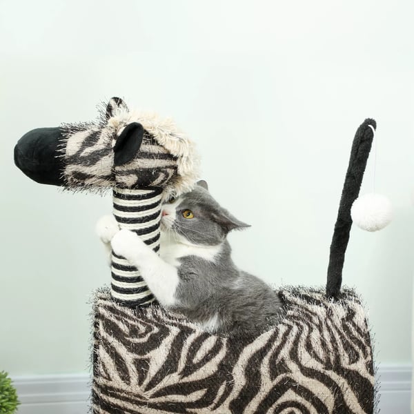 PawHut Kradsete Kattetre Zebra-design Klatretunnel Jutepele Sort+Hvid 93cm