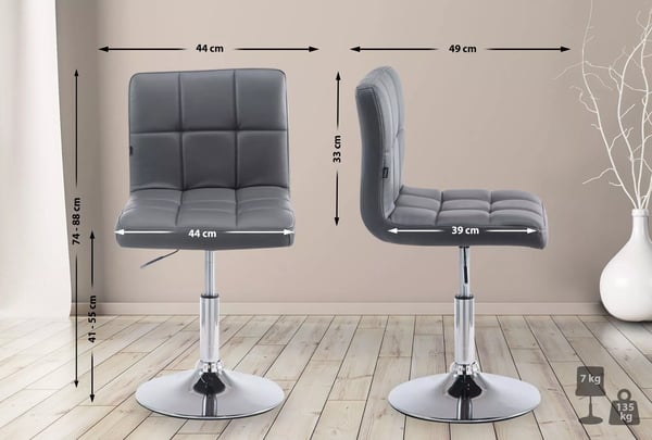 Palma V2 Loungestol i kunstlæder - Grå, højdejusterbar, 360° drejelig, metalstel i krom-look