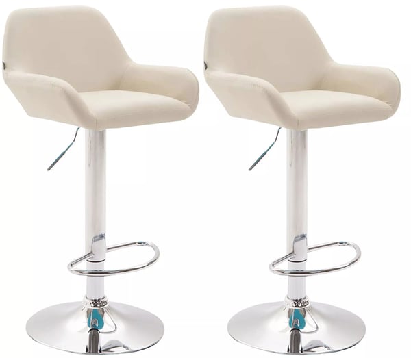 Set med 2 gräddfärgade barstolar i konstläder med matt svart metallram och fotstöd