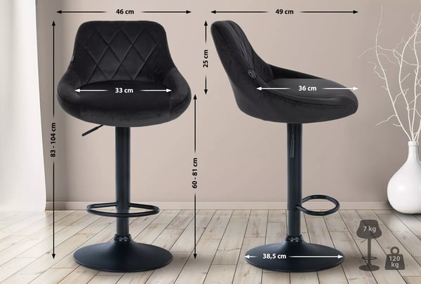 Lazio Sort Fløjl Barstol med Metalbase, Justerbar Højde & 360° Drejefunktion