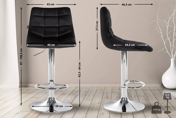 Sæt med 2 Jerry fløjlsbarstole, sort metalramme, justerbar højde, 360° drejelig