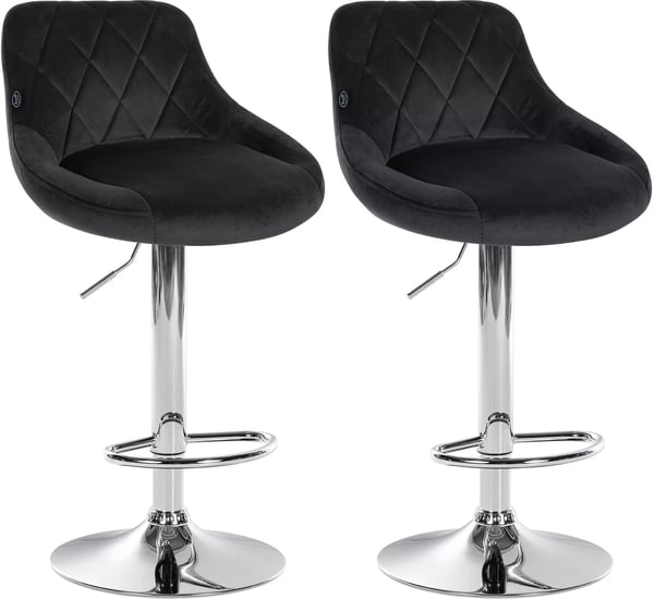 Set med 2 svarta barstolar i sammet med metallram, justerbar höjd och snurrbar sits
