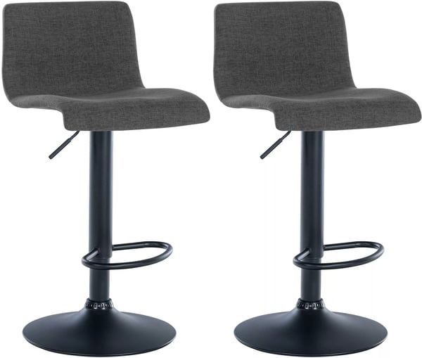 Set med 2 mörkgrå barstolar i tyg med metallram, 360° svängbar och justerbar höjd