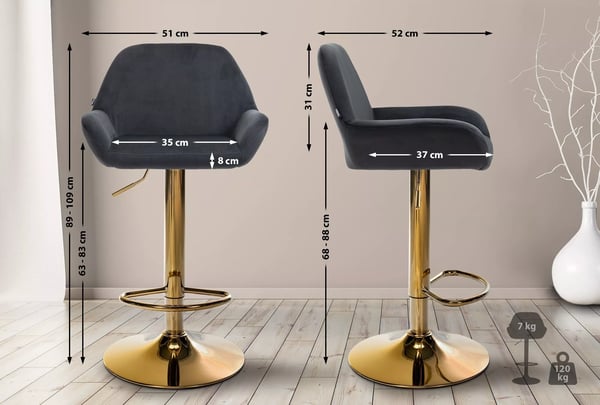 Sort fløjl barstol med metalramme, justerbar højde og 360 drejefunktion