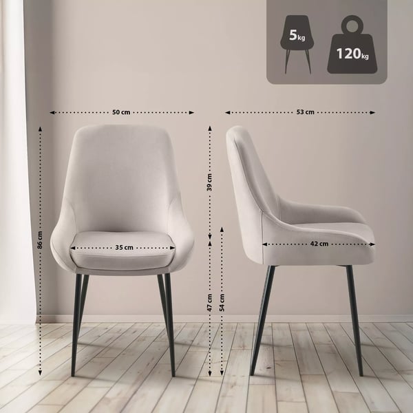 Elmira Grå Fløjl Spisestol - Moderne og Komfortabel Stol, Maks. 150 kg Belastning, Hurtig Montering, Gulvbeskyttere, Hjul (5 kg, 53x50x86 cm)